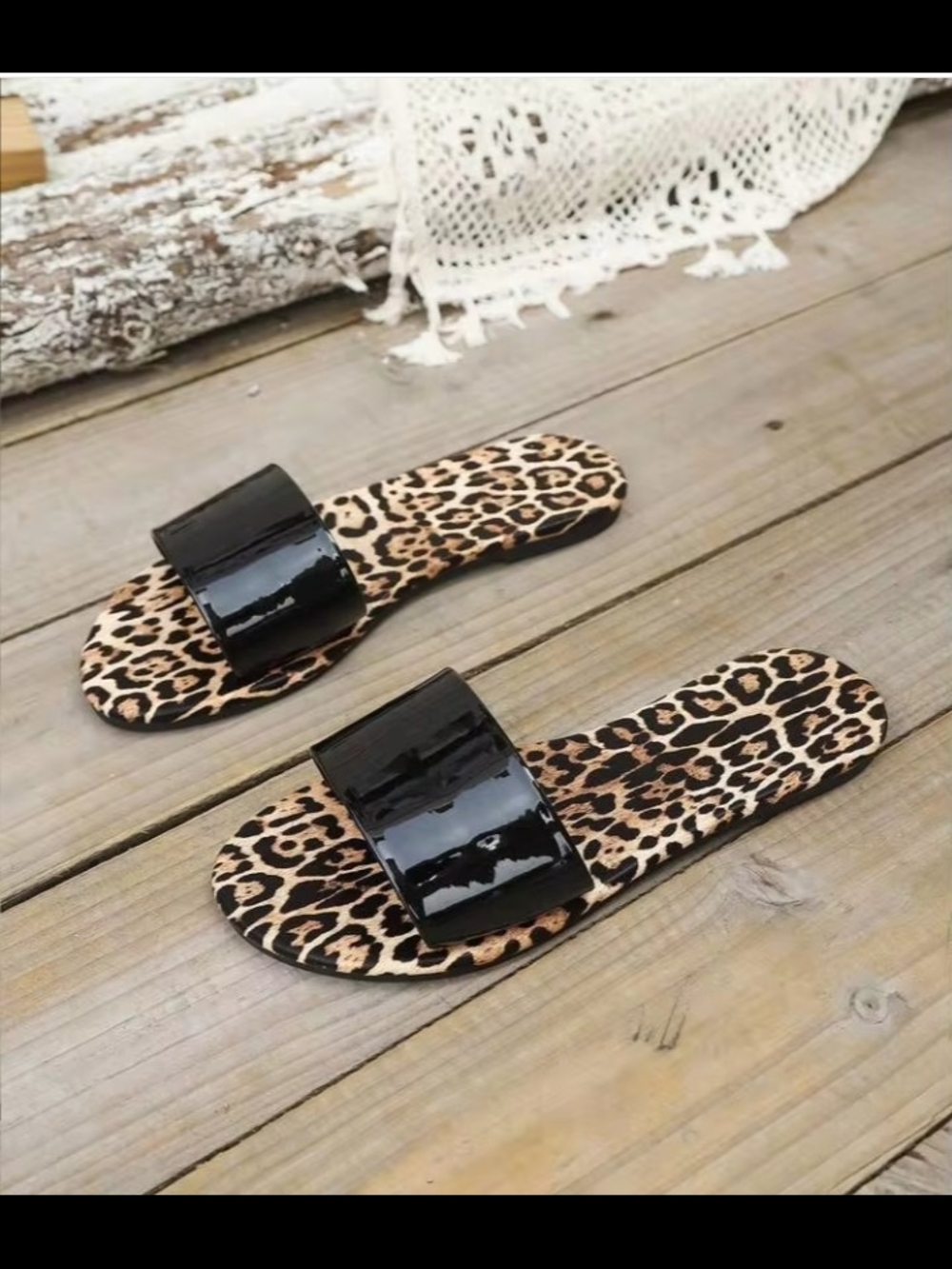Women’s Leopard Print Slide Sandals with Black Patent Strap